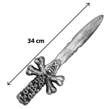 Dolk Bone piercer 34 cm met golvende snede, doodshoofd op de kling en handgreep vol schedels