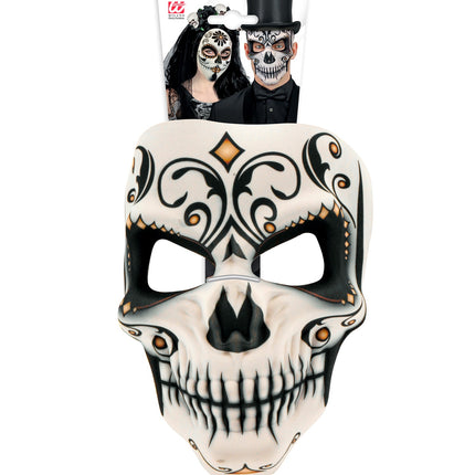 Doodshoofdmasker dag van de doden in de verpakking met zwarte elastieksluiting