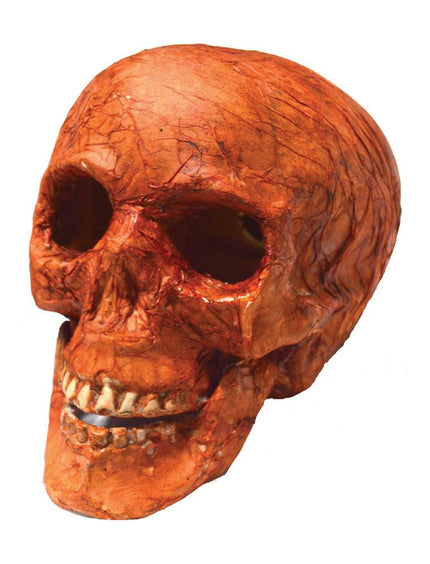 Doodskop decoratie oranje met aderpatroon, holle oogkassen en zichtbare tandenrij voor Halloween