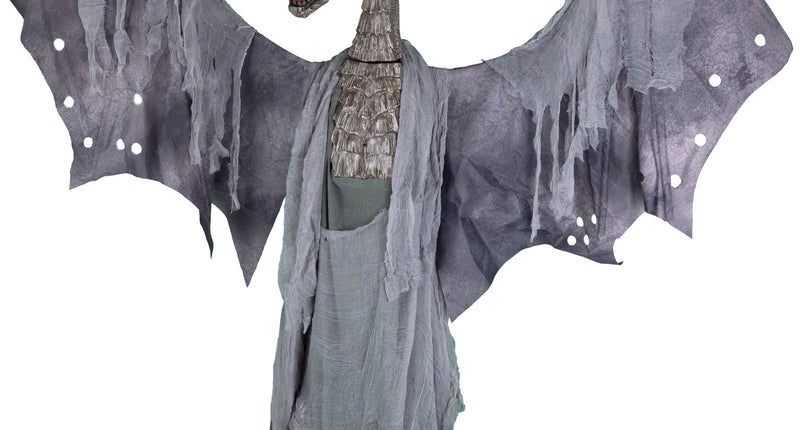 Draak 187 cm animatronic in grijs met uitgespreide vleermuisvleugels en gaasgewaad voor Halloween