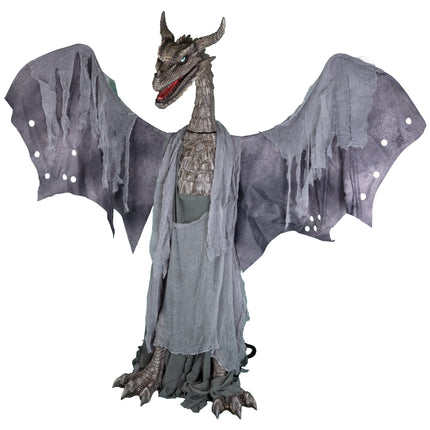 Draak 187 cm animatronic in grijs met uitgespreide vleermuisvleugels en gaasgewaad voor Halloween