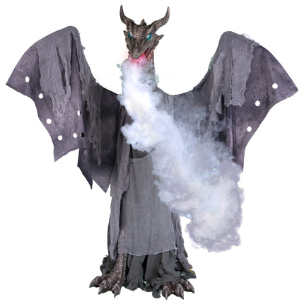 Draak animatronic blaast rook uit de bek, met rood licht en lichtblauw oplichtende ogen