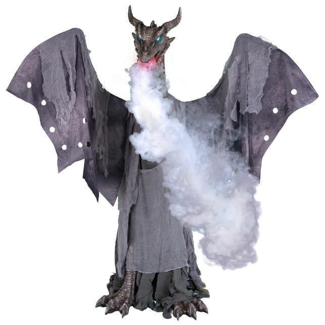 Draak animatronic blaast rook uit de bek, met rood licht en lichtblauw oplichtende ogen