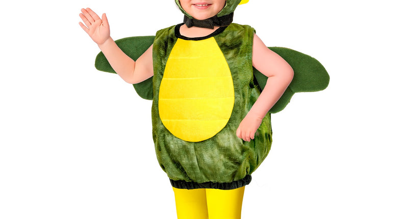 Drakenpak voor kinderen in groen met geel buikvlak, hoofddeksel met hoorns en klauwschoenen