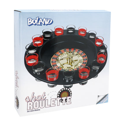 Drankspel roulette met zwart rad, goudkleurig middenstuk en 16 shotglaasjes in de verpakking