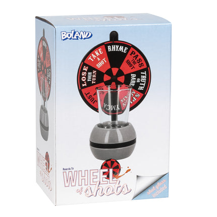 Drankspel Wheel of shots in verpakking met rood-zwart draaiwiel, borrelglas en grijze voet