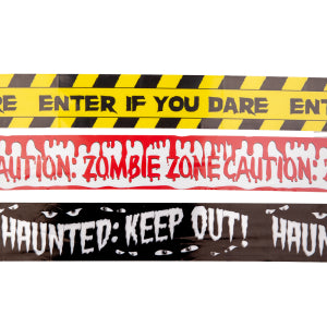 Drie halloween afzetlinten met de opdrukken enter if you dare, caution zombie zone en haunted keep out