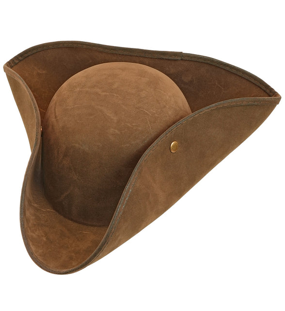 Driekantige hoed vintage suede bruin met opgeslagen randen en gouden nietje, zijaanzicht