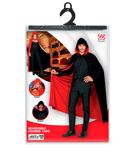 Dubbelzijdige cape rood zwart in verpakking van Widmann met hanger en zwarte capuchon