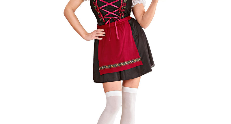 Duits biermeisje jurkje Diana met zwarte rok, rood schort en witte pofmouwblouse voor Oktoberfest