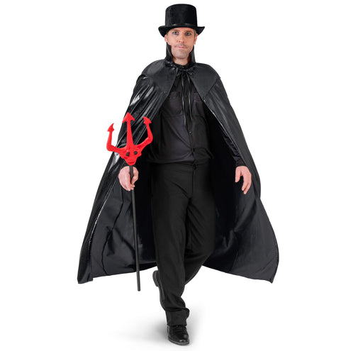 Duivel cape volwassenen zwart, glanzende lange cape met opstaande kraag, gedragen bij Halloween