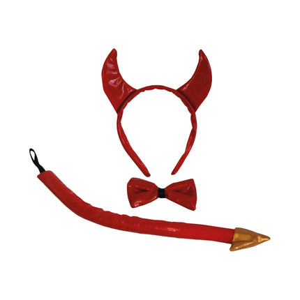 Duivel set in rood met glanzende hoorntjesdiadeem, vlinderstrik met zwart midden en staart met gouden punt