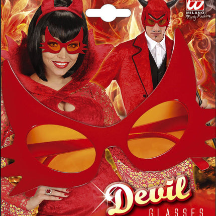 Duivels brillen op verpakking met dame en heer in rode duivelsoutfit voor Halloween