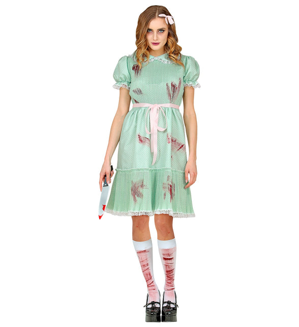 Duivelse speelgoed pop kostuum dames, mintgroene stippenjurk met kant en witte kniesokken voor Halloween