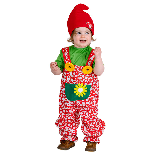 Dwerg James kostuum met rood-wit gestippelde salopette, groen shirt en rode puntmuts voor peuters tijdens carnaval