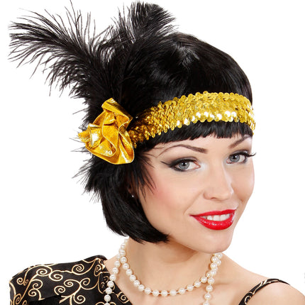 e-carnavalskleding-SYK 1920s pailleten hoofdband goud met bloem en veren