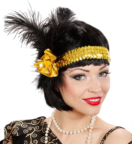 e-carnavalskleding-SYK 1920s pailleten hoofdband goud met bloem en veren