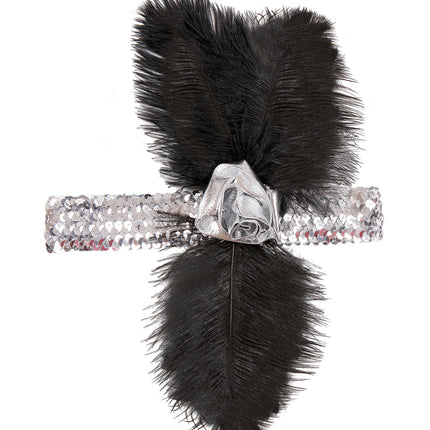 e-carnavalskleding-SYK 1920s pailleten hoofdband zilver met bloem en veren