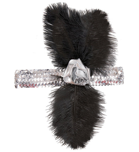 e-carnavalskleding-SYK 1920s pailleten hoofdband zilver met bloem en veren