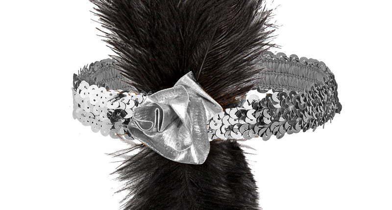 e-carnavalskleding-SYK 1920s pailleten hoofdband zilver met bloem en veren