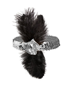 e-carnavalskleding-SYK 1920s pailleten hoofdband zilver met bloem en veren
