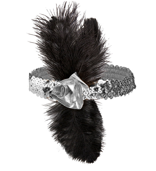 e-carnavalskleding-SYK 1920s pailleten hoofdband zilver met bloem en veren