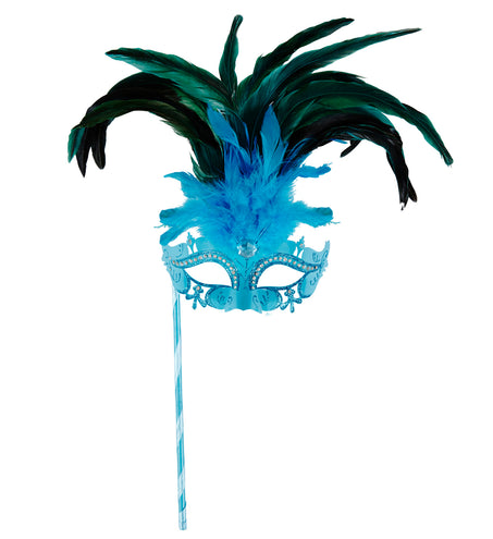 e-carnavalskleding-SYK Azur blauwe oogmasker met veren op stokje