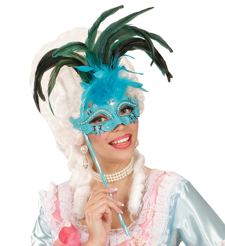 e-carnavalskleding-SYK Azur blauwe oogmasker met veren op stokje