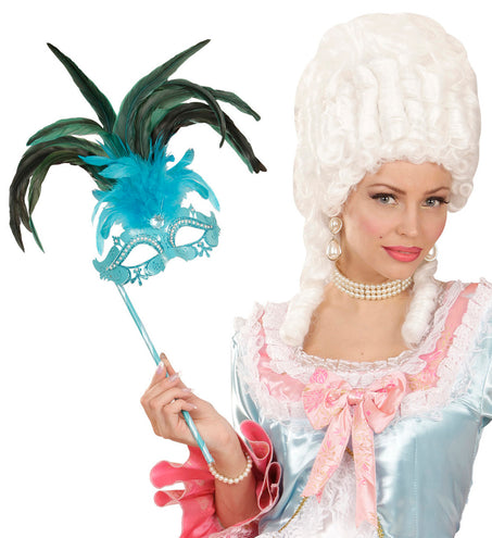 e-carnavalskleding-SYK Azur blauwe oogmasker met veren op stokje