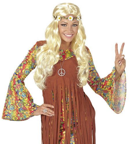 e-carnavalskleding-SYK Blonde hippie pruik met margrietjes
