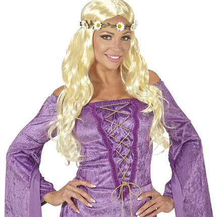 e-carnavalskleding-SYK Blonde hippie pruik met margrietjes