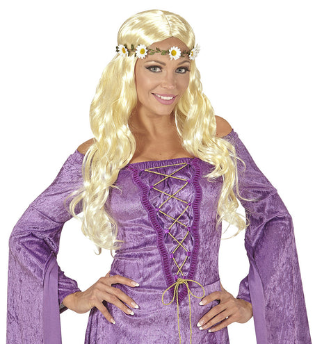 e-carnavalskleding-SYK Blonde hippie pruik met margrietjes