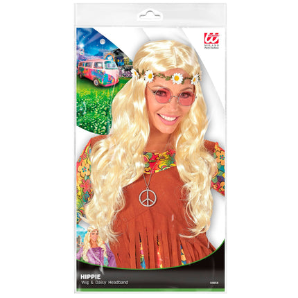 e-carnavalskleding-SYK Blonde hippie pruik met margrietjes