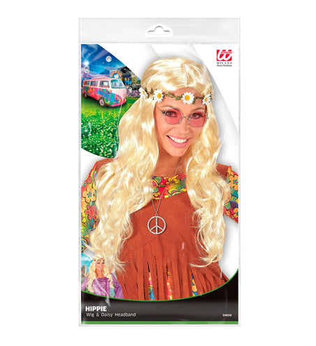 e-carnavalskleding-SYK Blonde hippie pruik met margrietjes