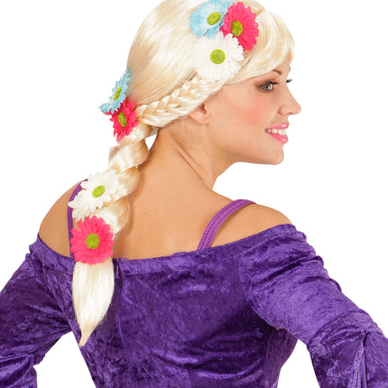 e-carnavalskleding-SYK Blonde Rapunzel pruik met vlecht en bloemen