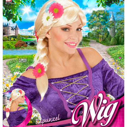 e-carnavalskleding-SYK Blonde Rapunzel pruik met vlecht en bloemen