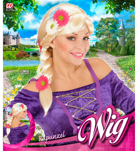 e-carnavalskleding-SYK Blonde Rapunzel pruik met vlecht en bloemen