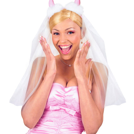 e-carnavalskleding-SYK Bride to be sluier met roze hoorntjes
