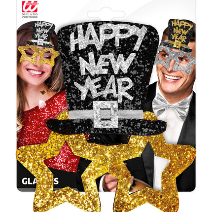 e-carnavalskleding-SYK Bril, Happy New Year Goud