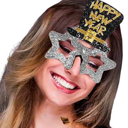 e-carnavalskleding-SYK Bril, Happy New Year Zilver