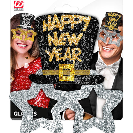 e-carnavalskleding-SYK Bril, Happy New Year Zilver