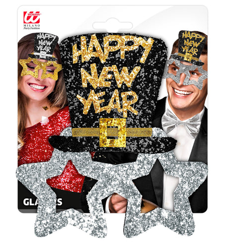 e-carnavalskleding-SYK Bril, Happy New Year Zilver