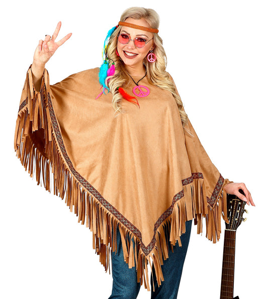 e-carnavalskleding-SYK Bruine indianen poncho in suede unisex