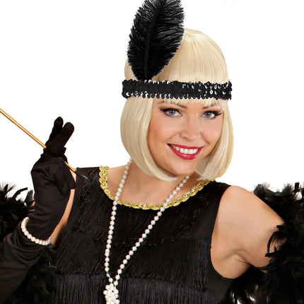 e-carnavalskleding-SYK Charleston hoofdband met veer zwart pailletten