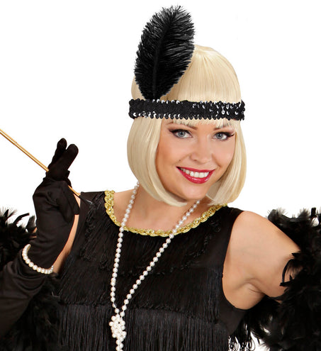 e-carnavalskleding-SYK Charleston hoofdband met veer zwart pailletten