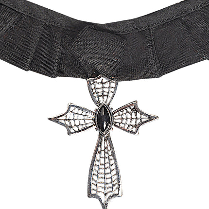 e-carnavalskleding-SYK Choker ketting kruis met zwarte gemsteen