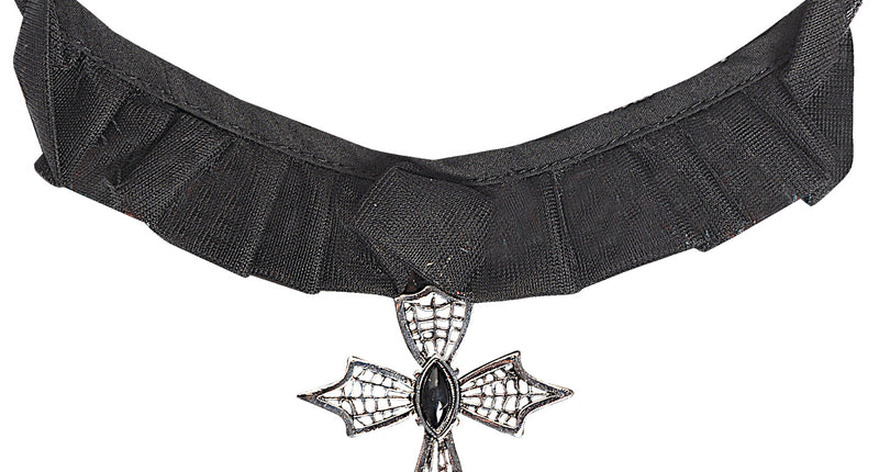 e-carnavalskleding-SYK Choker ketting kruis met zwarte gemsteen