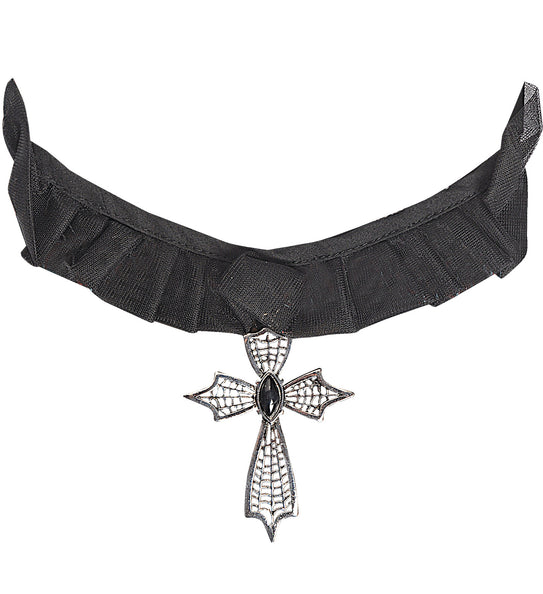 e-carnavalskleding-SYK Choker ketting kruis met zwarte gemsteen