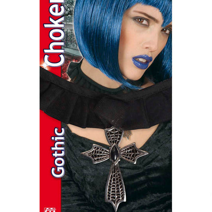 e-carnavalskleding-SYK Choker ketting kruis met zwarte gemsteen