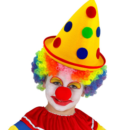 e-carnavalskleding-SYK Clownshoed geel met stippen